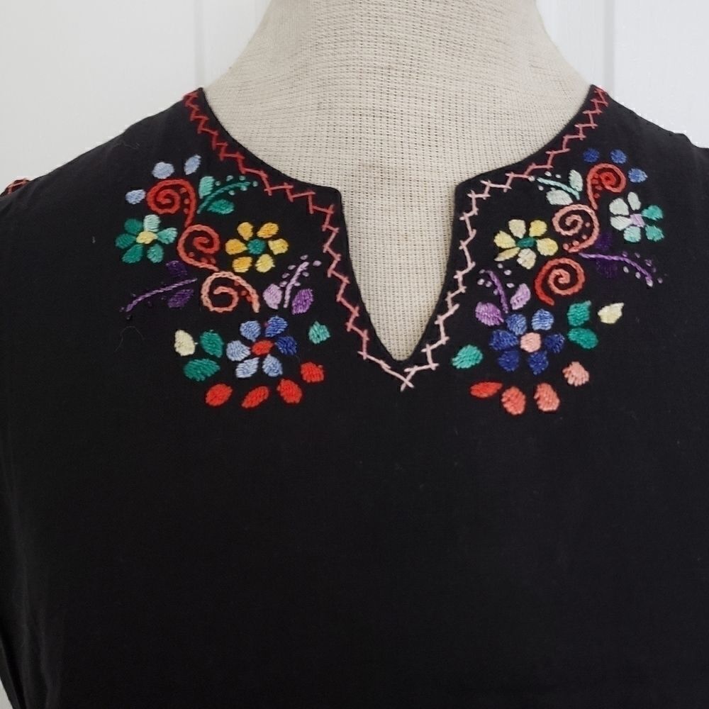 women's top short sleeve black with hand embroidered florals on neckline small